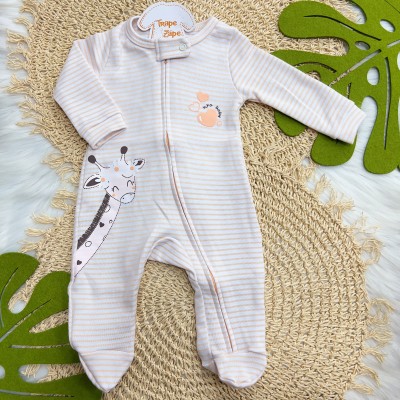   Verão 24/25 - Macacão com Abertura em Zíper Listrado Girafinha - Off White e Salmão